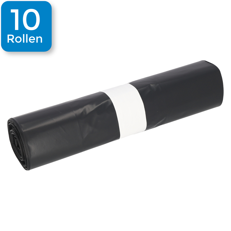 Eine einzelne Müllbeutel Rolle. Oben links ist ein blaues Viereck mit der Aufschrift "10 Rollen", welches aussagt, dass neun Rollen dieser Sorte in einem Karton enthalten sind.